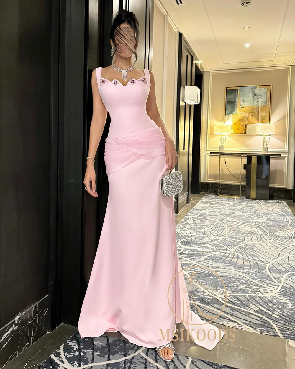 فساتين سهرة وردية من Msikoods 2025 أنيقة مطوي مطرز بالخرز فستان رسمي طويل للحفلات الراقصة ثنيات فستان الحفلات العربية حسب الطلب