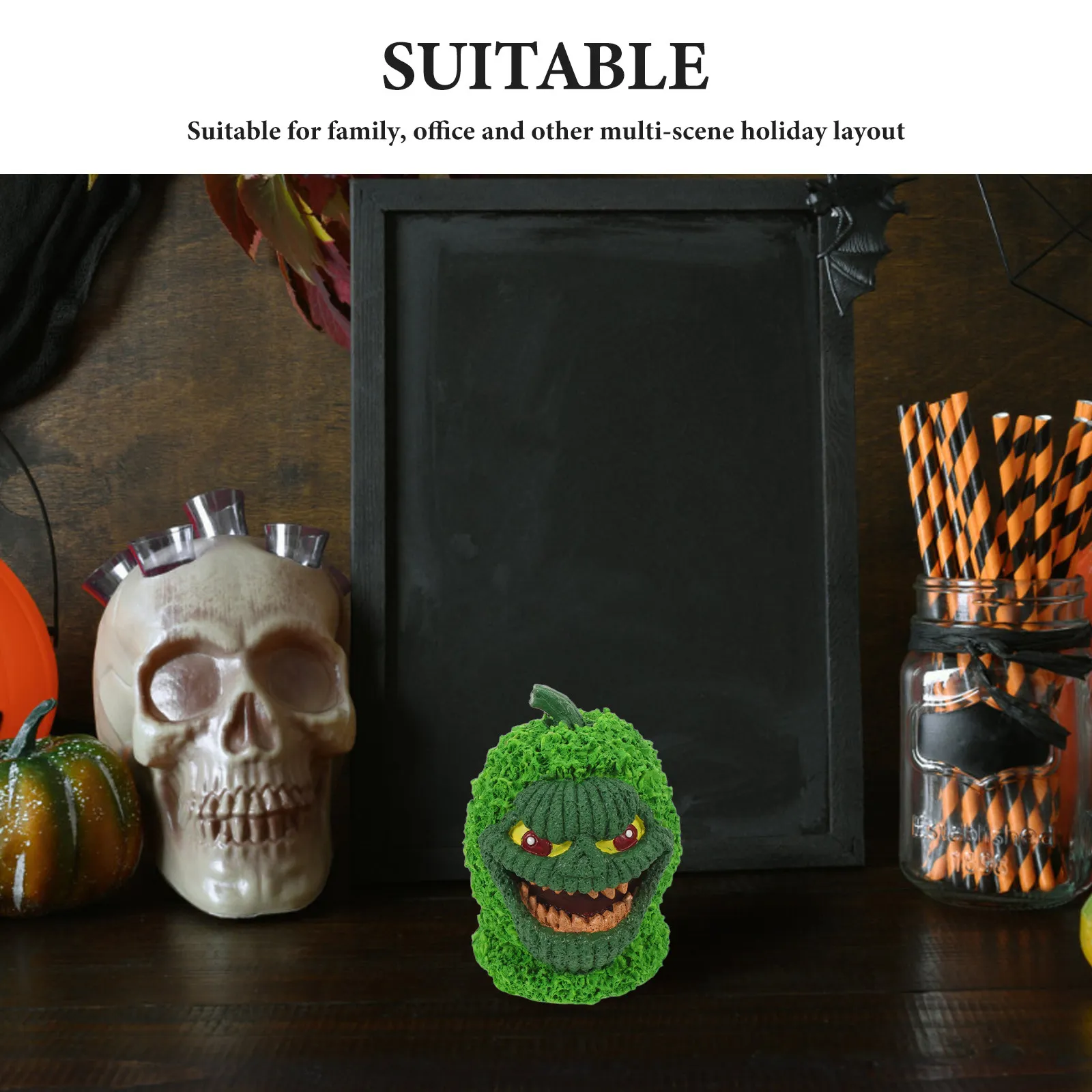 Resin Green Pumpkin Devil Statue Halloween Decor Spooky Gothic Monster Ornament for Tiered Tray Shelf Car Dashboard Office Fall