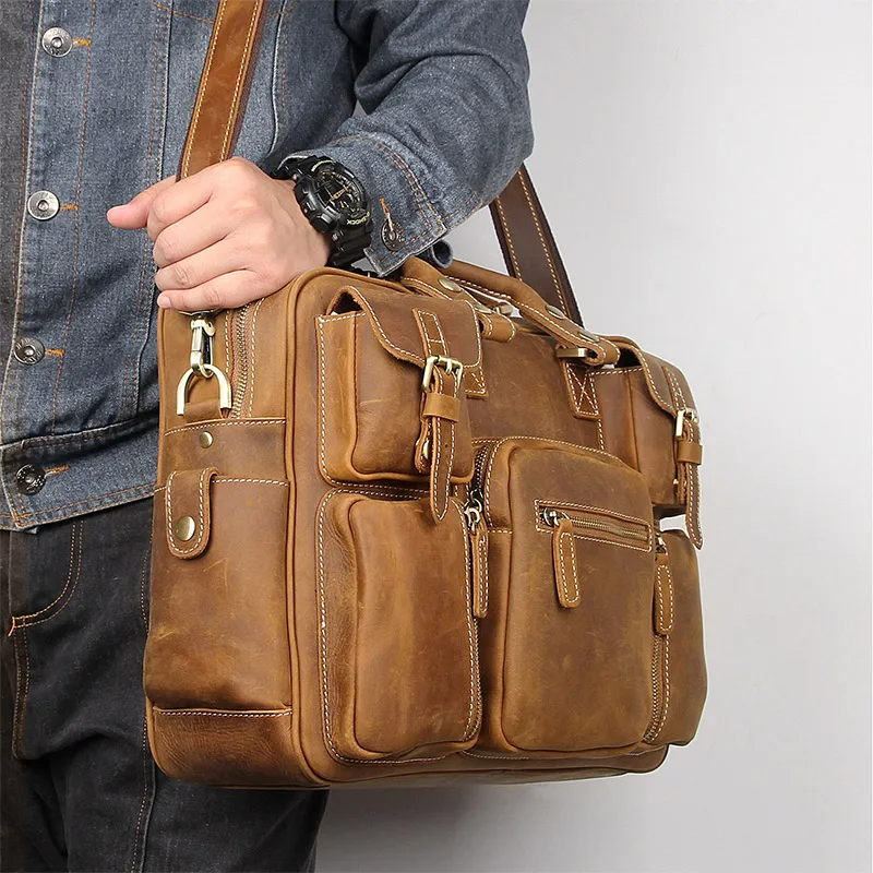 Men Vintage Crazy Horse Leather Briefcase 15.6" Real leather Business Bag Cow Leather Laptop Messenger Bag Big Work Tote