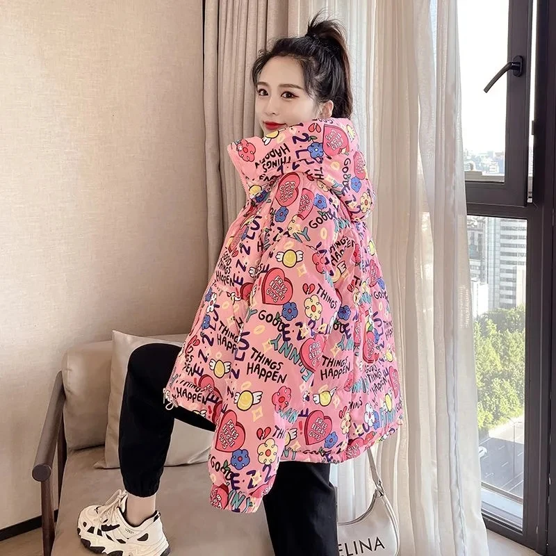 2025 Winter Korean Edition New Fashion Cotton Coat Print letter Bread Jacket Women's Thick Short Coat Lady Loose Hooded Overcoat