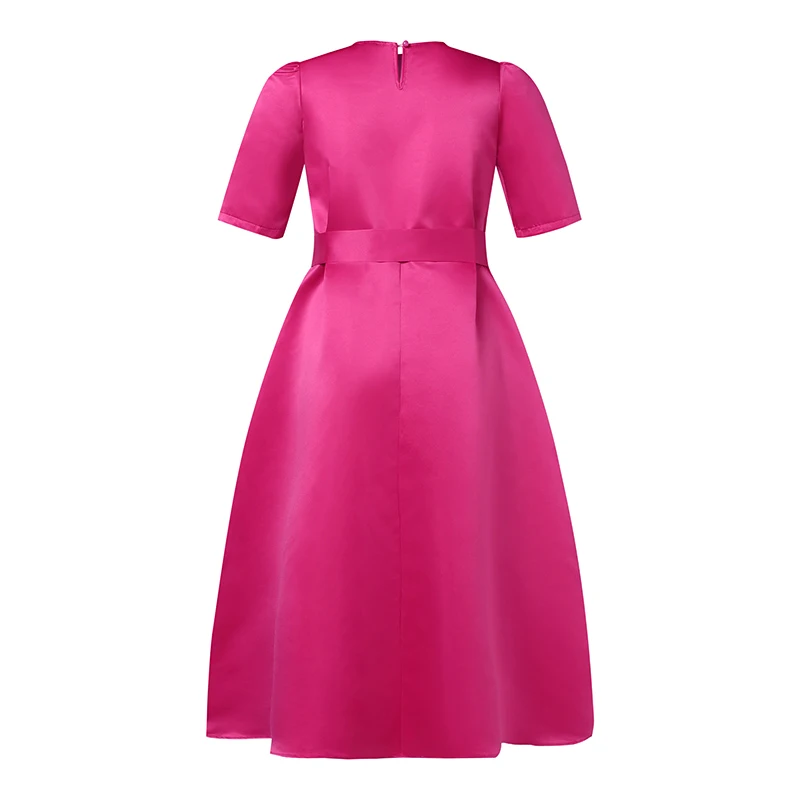 VONDA Plus Size 5XL Elegant Satin Summer Midi Dress Women Short Sleeve Fashion Party Vestido Casual Belted Loose Solid Long Robe