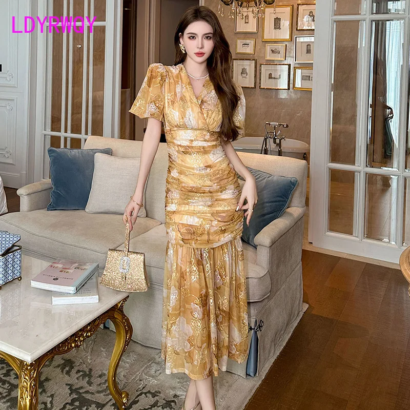 2024 Summer New Women's Fashion French V-neck Bubble Sleeves Wrapped Waist Fishtail Dress Slim Fit Long Dress