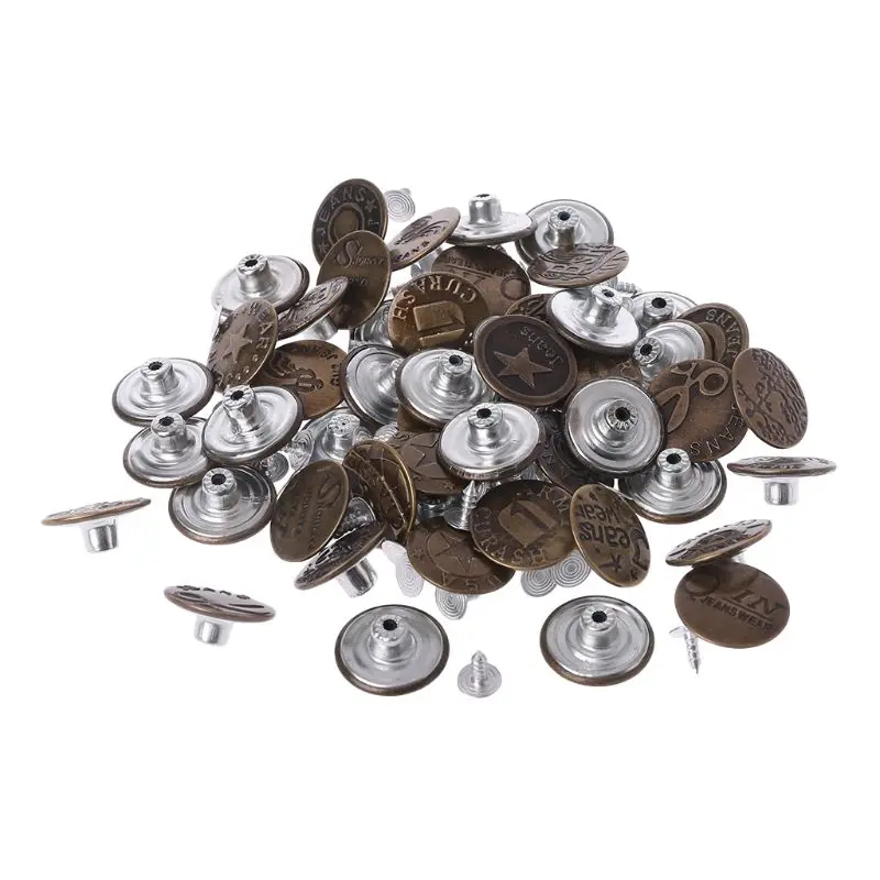 Q0KB 50pcs Mixed Style Metal No Sew Replacement Repair Jean Pants Buttons 20mm DIY