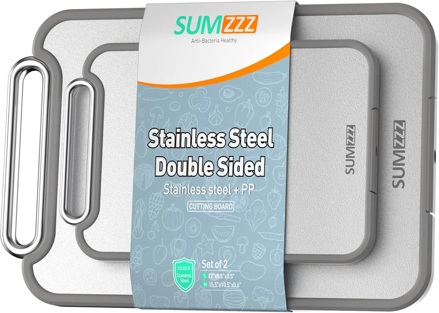 

2-in-1 Double-Sided Stainless Steel Chopping Board, Food Grade Silver Set of 2 for Kitchen