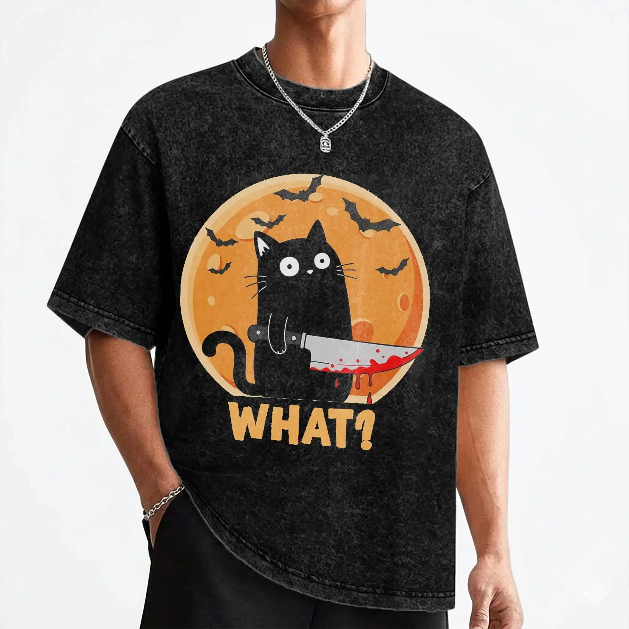 Cat What Black Cat With Knife Halloween Washed T Shirts Streetwear Hip Hop Vintage T-Shirts Tees for Men Cotton Street Summer