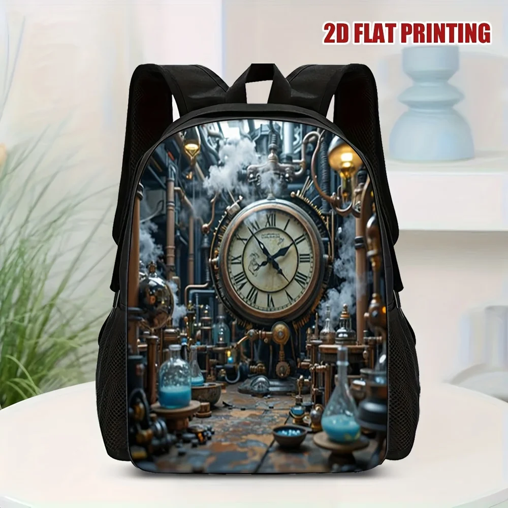 

1 Piece Stylish Steampunk Time Lab Backpack - Durable Polyester with Detachable Shoulder Strap, 2D Graphic Printing Design