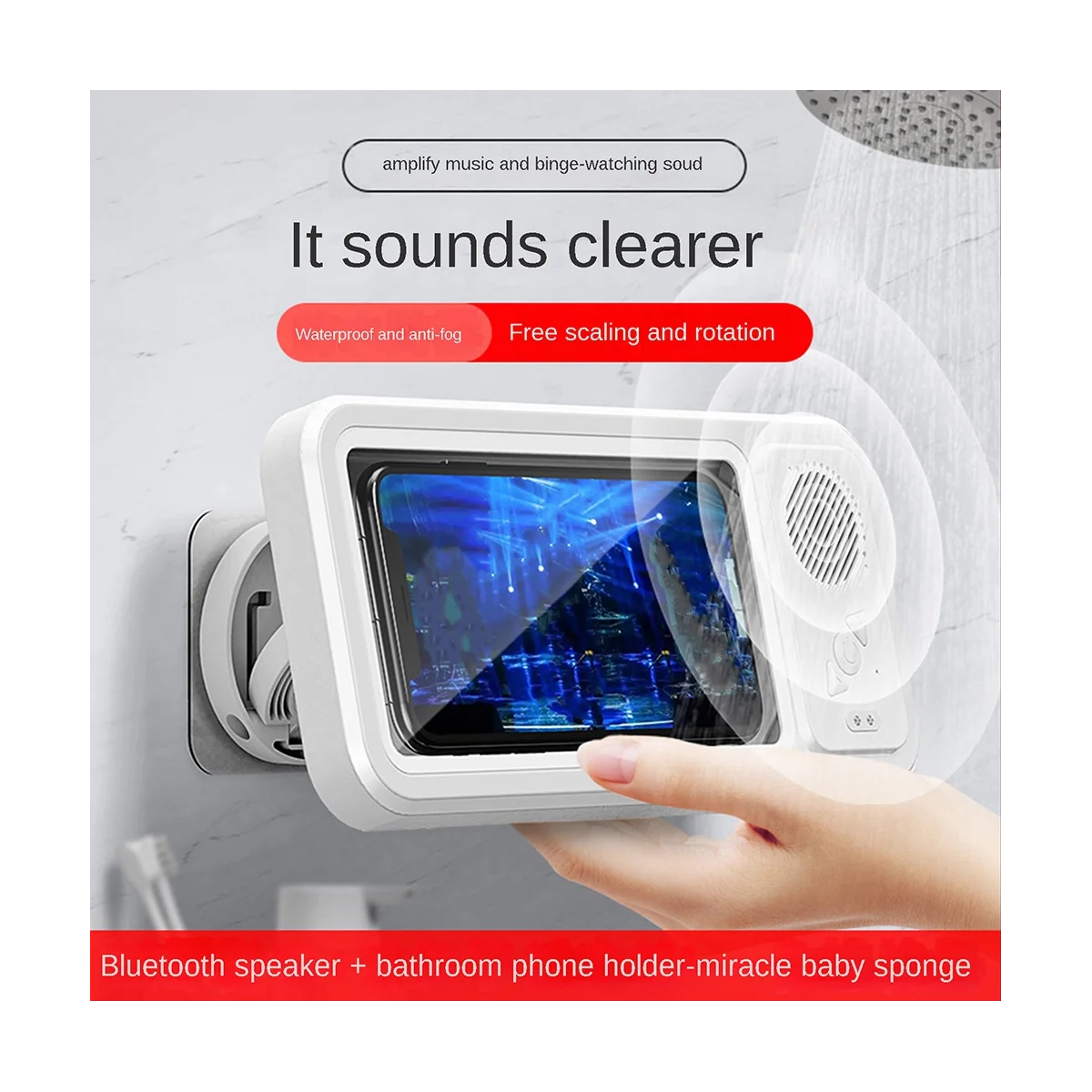 Waterproof Anti-Fog Touch Screen with Bluetooth Speaker Wall Mount Phone Holder for Shower Bathroom