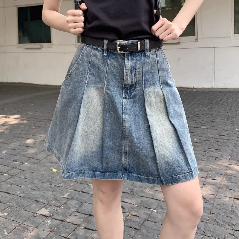 

Summer Casual Vintage Denim Pleated Skirts Women Korean Fashion High Waisted Wash A-line Mini Jean Skirt Jupe Femme