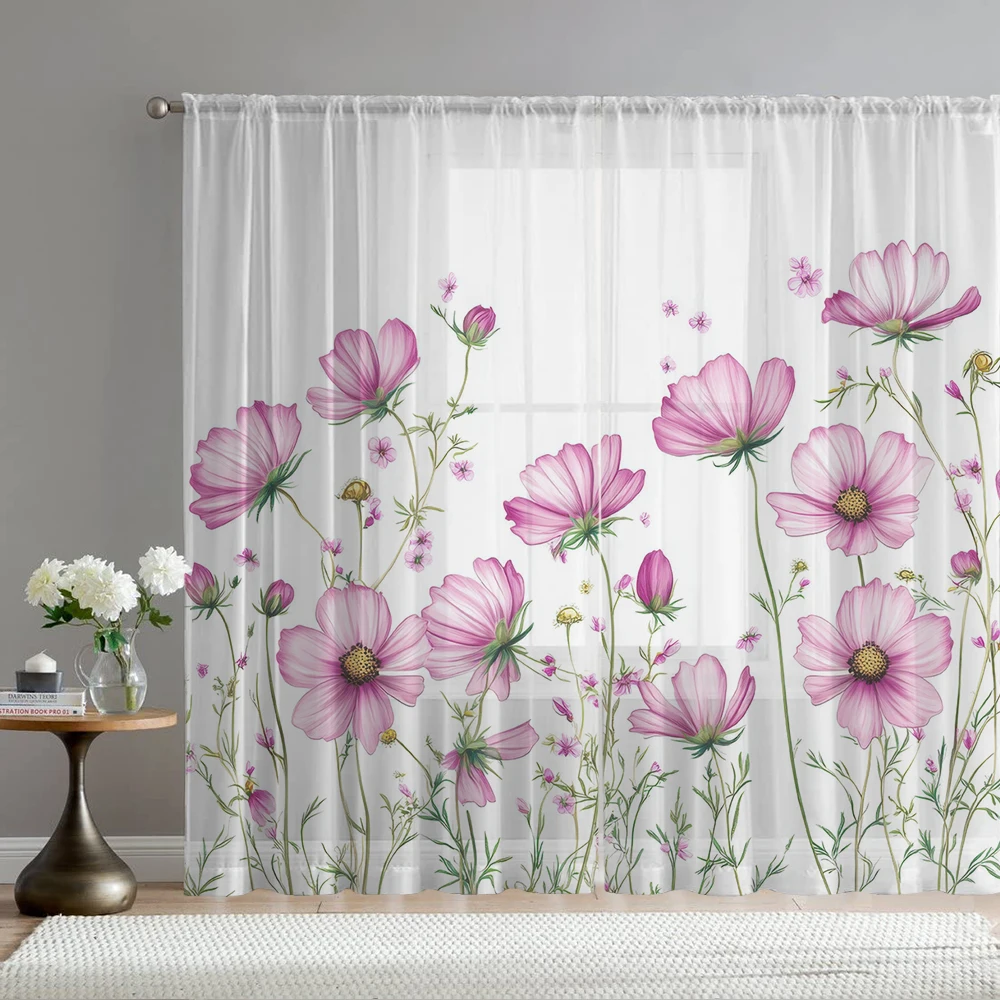 2PCS Home decoration pink daisy print window screens with pole bags, suitable for living rooms