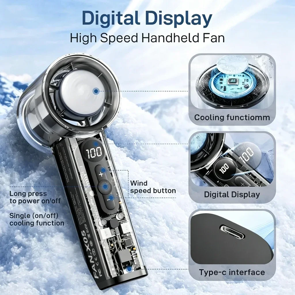 Semiconductor Refrigeration High-speed Handheld Electric Fan 3000mAh Portable Rechargeable Outdoor Small Fan Summer Heat Relief