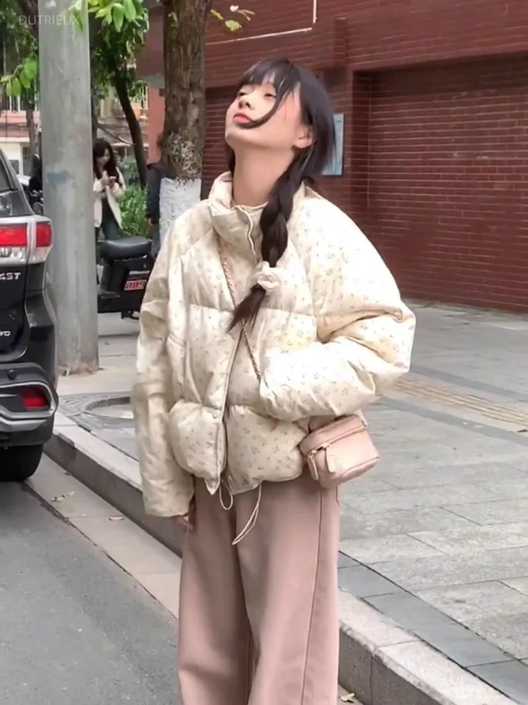 American Sweet Floral Short Jacket Winter New Thicked Warm Coat Women Harajuku Y2k Vintage Stand Collar Casual Tops Mujer Parkas