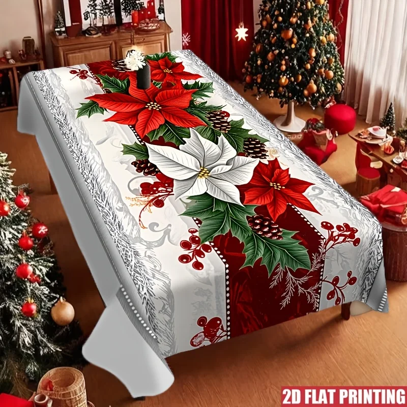 1pc 1pcs Vintage Holiday Tablecloth - Red Potted Flowers, Holly Berries on Elegant White Background - Indoor/Outdoor Festive Dec