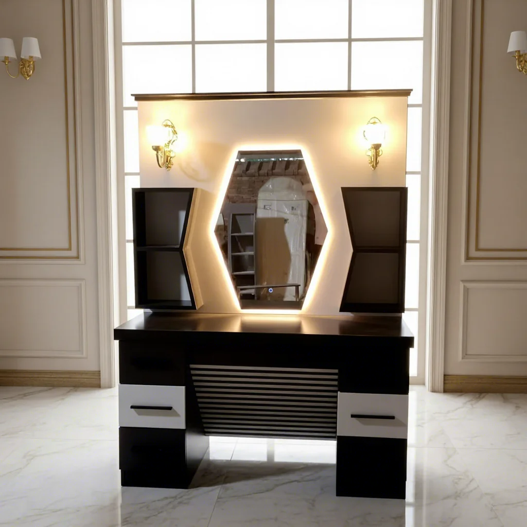 Black Gold Mirror Station Salon Barber Hair Styling Luxury Led Light Adjustable Professional Furniture