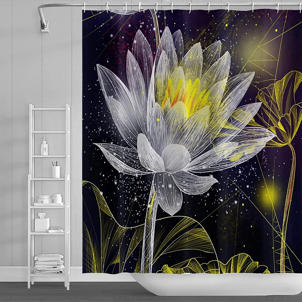 

Flower Shower Curtain Black Background Lotus Lotus Leaf Plant Bath Curtains Bathroom Decor Waterproof Fabric with Hooks Screens