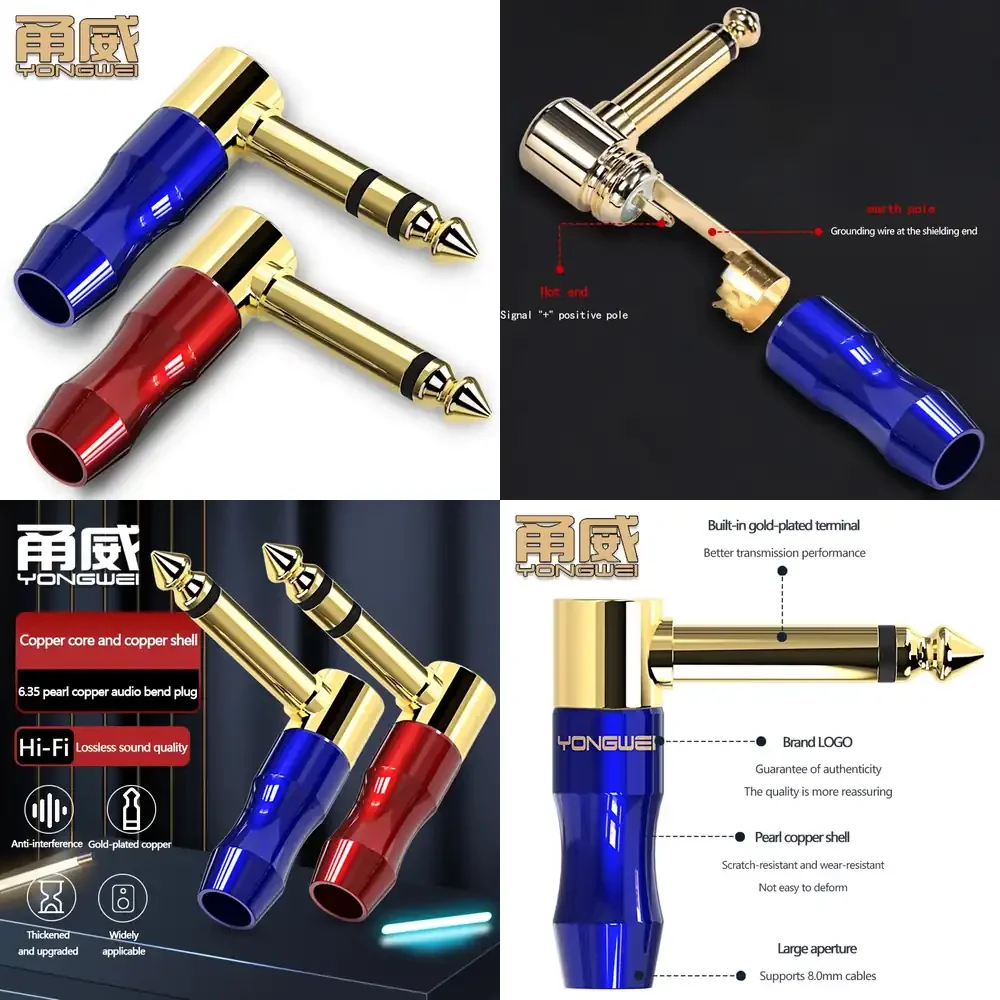 Pure Copper Gold-Plated 6.35mm Audio Jack Plug 90-Degree Curved Stereo TRS Connector for Guitar Electronic Piano Speaker