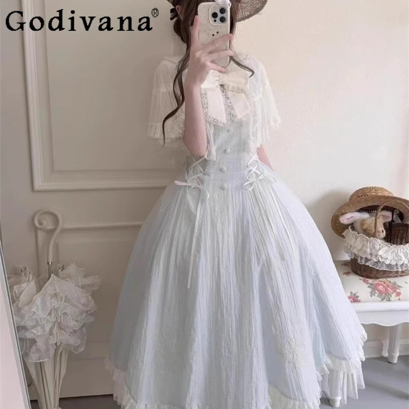 

Sweet Lolita Bow Lace Dress Female Elegant Princess Waist Cinching Long Dress Women's Summer Japanese Style Lolita Dress