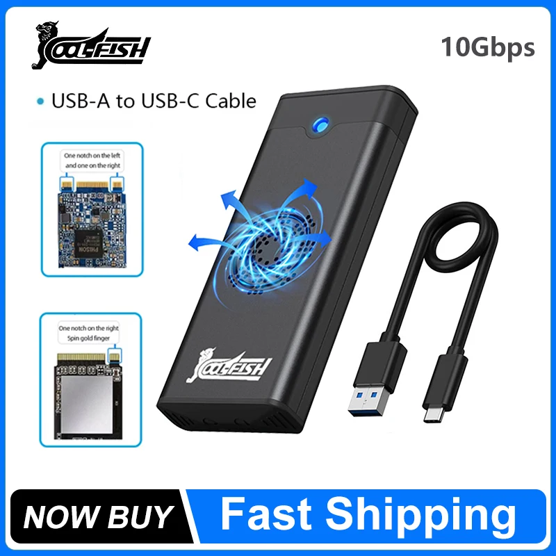 CoolFish 10Gbps M.2 NVME SSD Case with Built-in Cooling Fan TypeC SSD Enclosure NVME SATA SSD Adapter Support M.2 2242 2260 2280