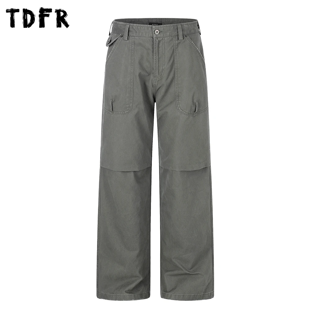 Pocket Pleated Cargo Pants Mens SolidColor Retro Washed Distressed Straight-leg Baggy Trousers Man