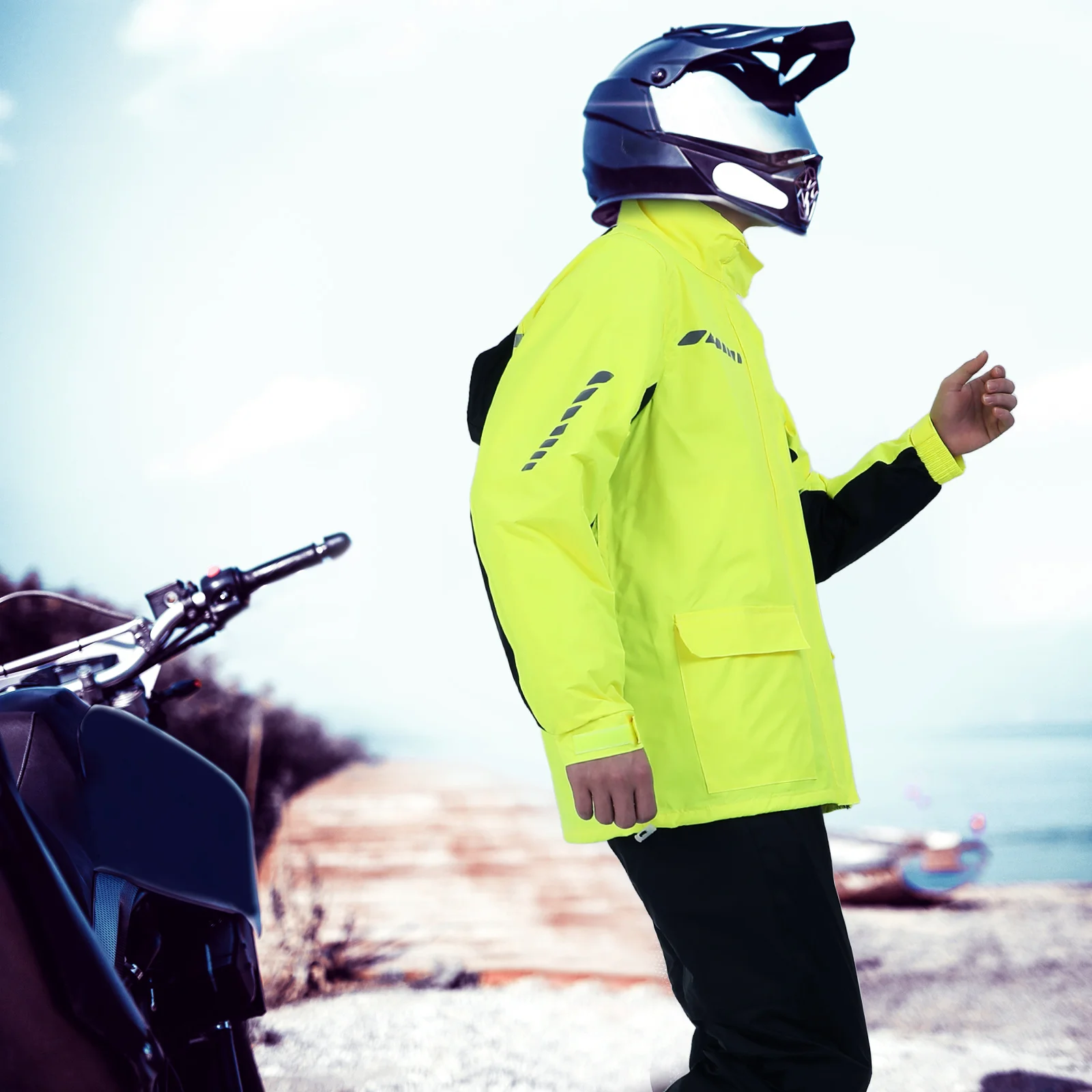

1 Set Cycling Rain Suit For Men Waterproof Motorcycle Rain Gear Reflective Jacket Pants With Shoe Covers Portable Storage Bag