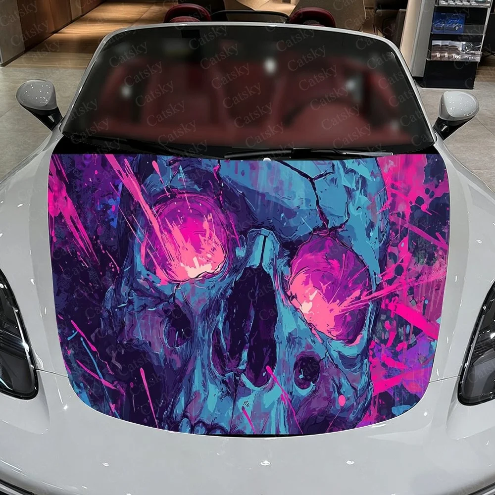 

Vibrant skull art with neon pink and electric blue splashes, bold edgy design for car hood decal.Car Vinyl Wrap, PVC Material Wa