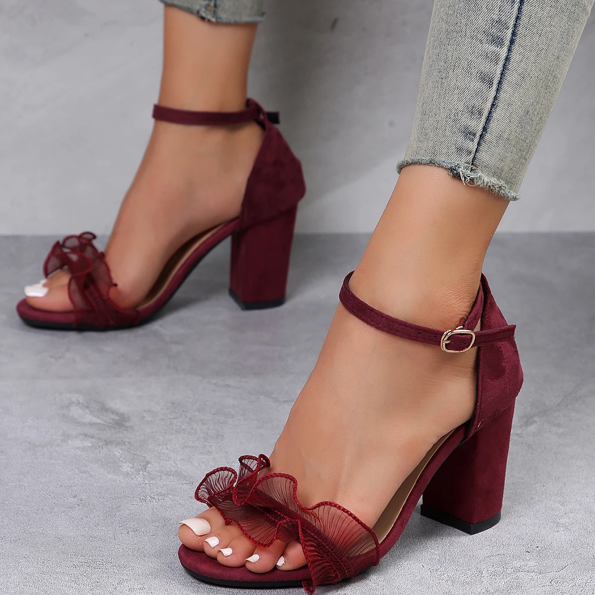

New Style All-Match Comfort Shoes for Women Clear Heels Buckle Strap Female Sandal Open Toe Large Size 43 Low Girls Beige Black