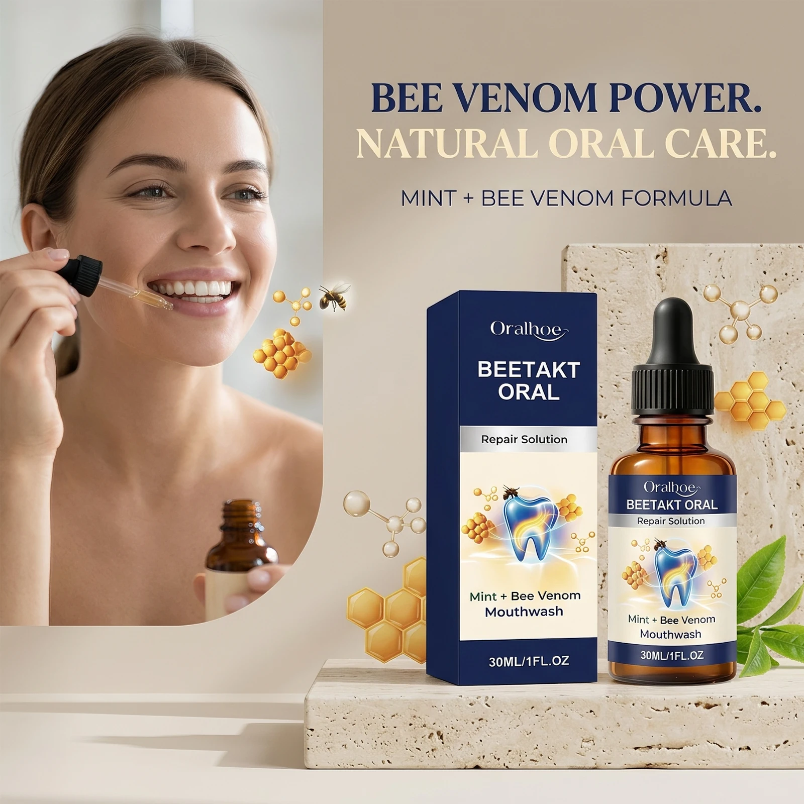 Oralhoe Bee Venom Oral Care Mouthwash Long Lasting Fresh Breath Soothes Gums Gentle Cleansing Convenient Pocket Size Oral Rinse