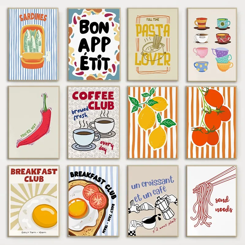 Bon Appetit Bold Typography Poster Modern Mid-Century Print Kitchen Wall Art Funny Quote Canvas Painting for Funky Kitchen Decor