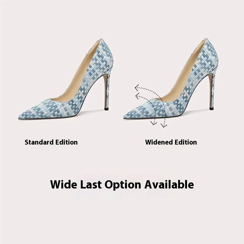 Spring pointed light mouth blue braided wide version flat single shoes fine high heel banquet large size small size women's shoe