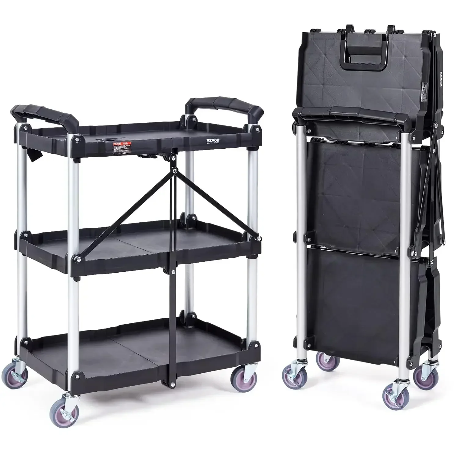 Foldable Utility Service Cart, 3 Shelf 165LBS Heavy Duty Plastic Rolling Cart with 360° Swivel Wheels (2 with Brakes), Ergonomic