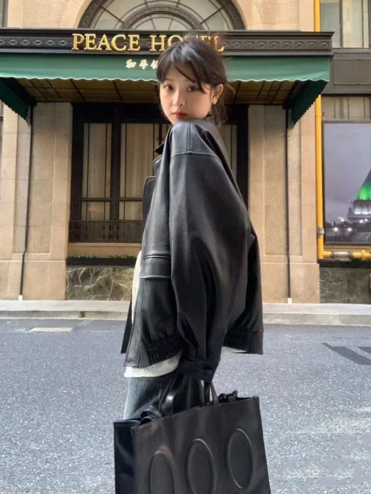 DINADD Giacca in pelle PU vintage Donna High Street Techwear Cappotti da motociclista oversize BF Punk Allentato Casual Capispalla corto