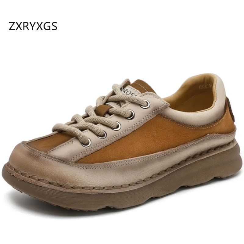 ZXRYXGS 2026 Autumn Lace-up Mixed Color Top Cowhide Full Real Leather Sneakers Comfortable Soft Flat Shoes Women Trendy Sneakers