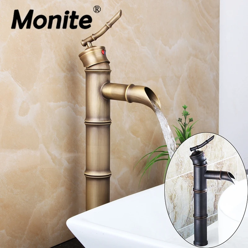 

MONITE Novel Bathroom Sink Faucet Bamboo Style Single Hole Counter Top Sink Taps Antique & Black Hot Cold Mixer Tap