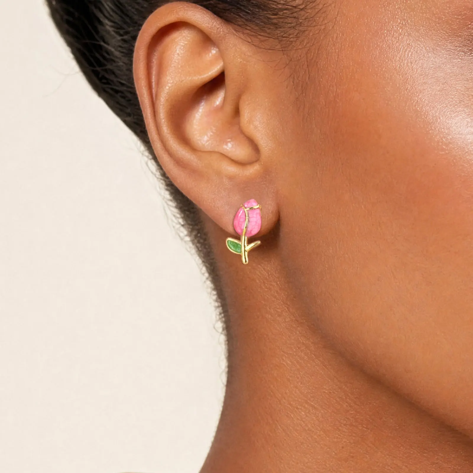 Pink Tulip Flower Stud Earrings, 18K Gold Plated Stainless Steel Enamel, Hypoallergenic Party French Jewelry Gift