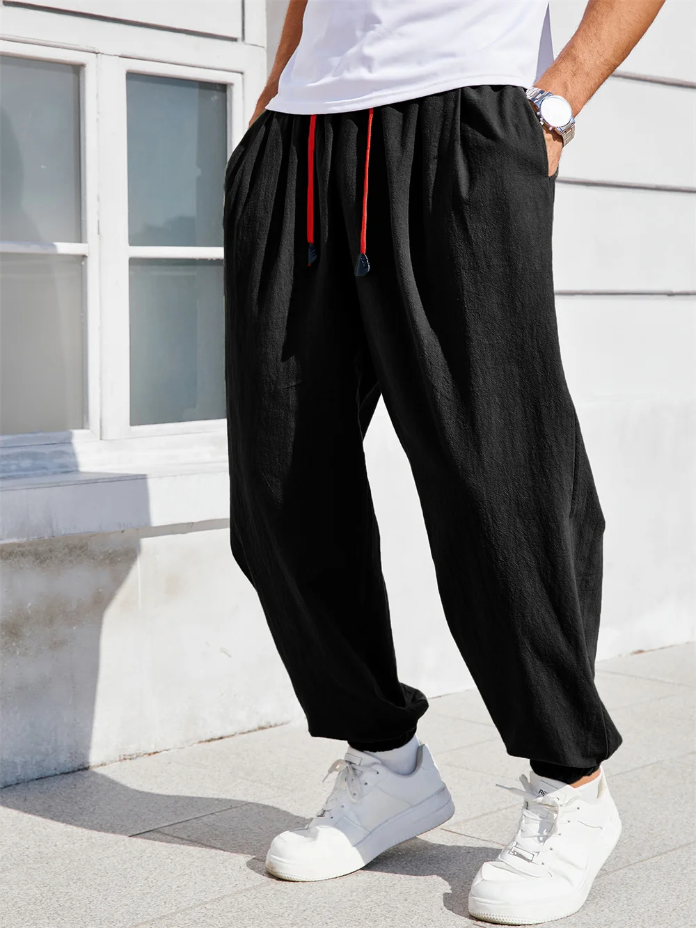 Herren-Haremshose, lockere Passform, chinesischer Stil, Baumwolle, Leinen, einfarbig, gemütliche Jogginghose, Jogger, hochwertige männliche Freizeithose – Detail 8