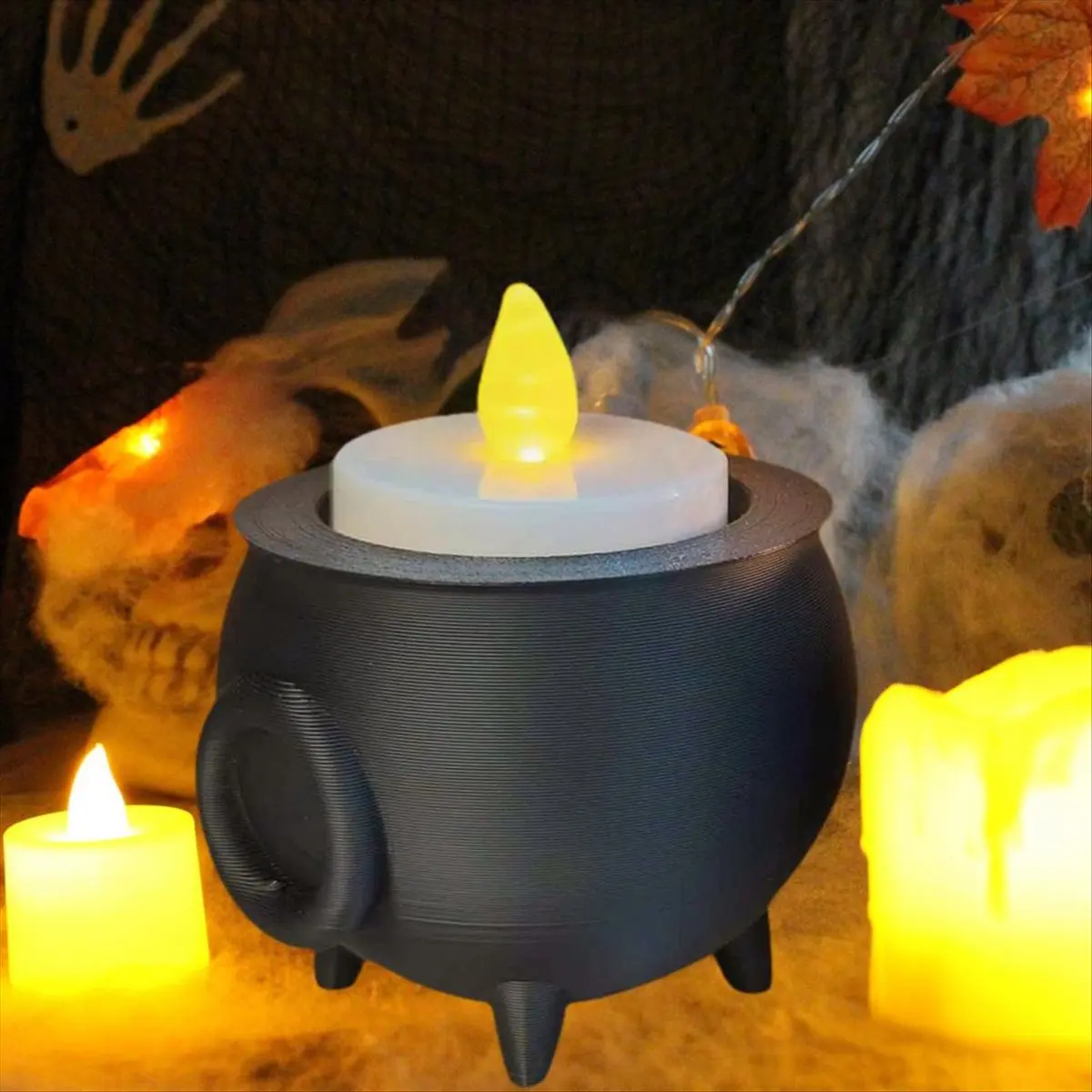 A32I Cauldron Tea Light Holder Halloween Spooky 3D Printed Black Witch Jar Candle Holder Festival Partys Desktop Decoration B
