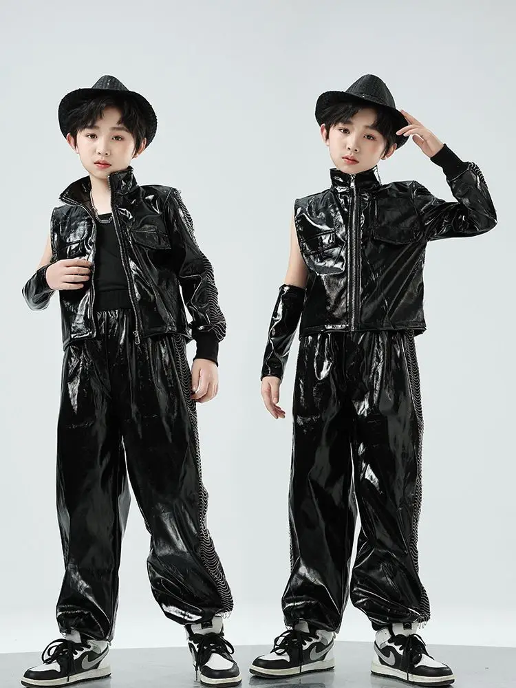 Black Leather Jacket Pants For Girls Boys Jazz Costumes Kids Kpop Outfit Hip Hop Clothes Stage Performance Festival Wear