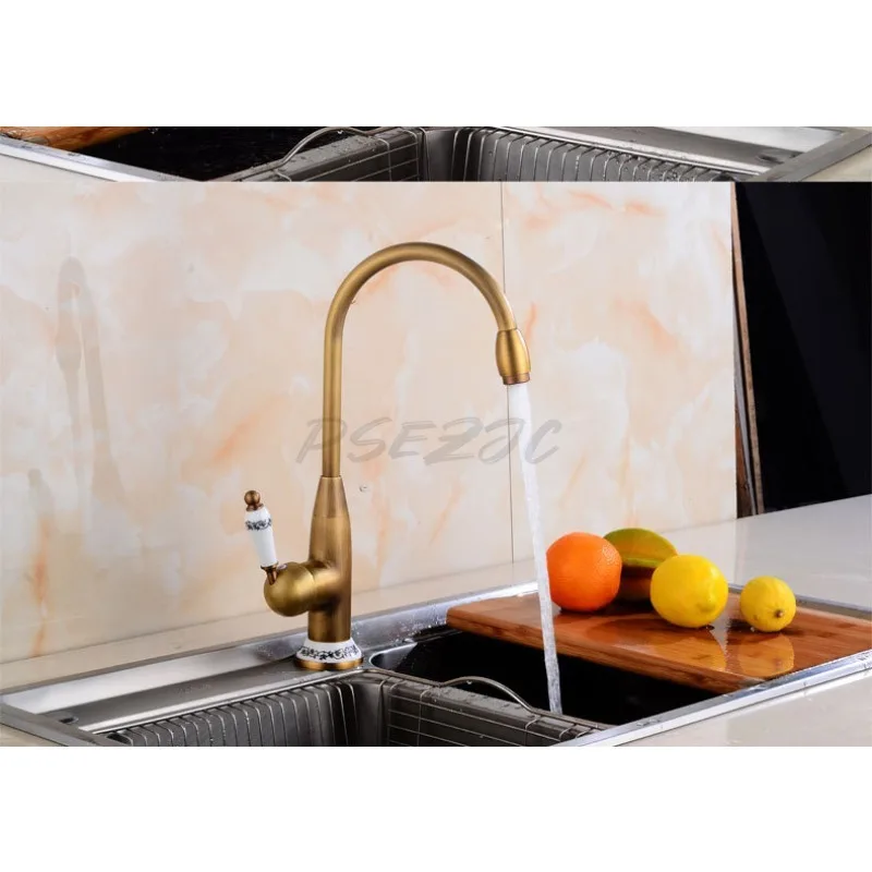 Household Basin Copper Hot and Cold Water Faucet Blue and White Porcelain Handle Basin Kitchen Sink Rotary Faucet