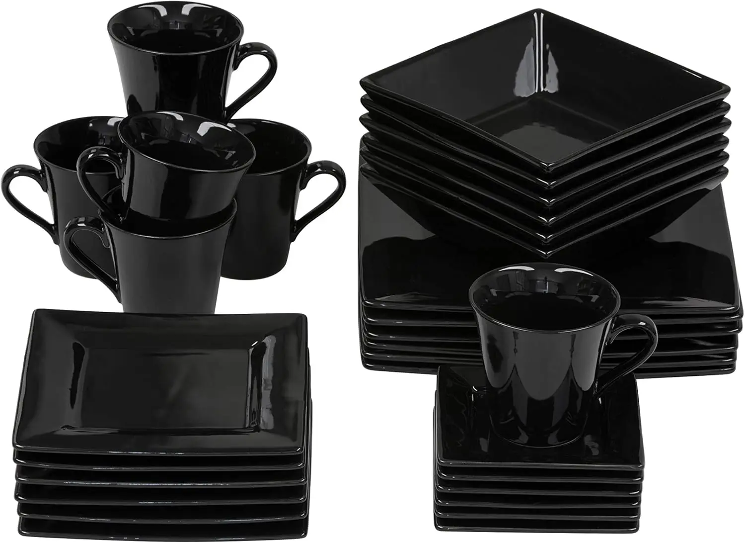 30 pc Dinnerware Set,Black,Set includes (6) each: 10” dinner plate, 7.25” salad plate, 7”/12 oz. soup bowl, 8 oz cup & 5” saucer