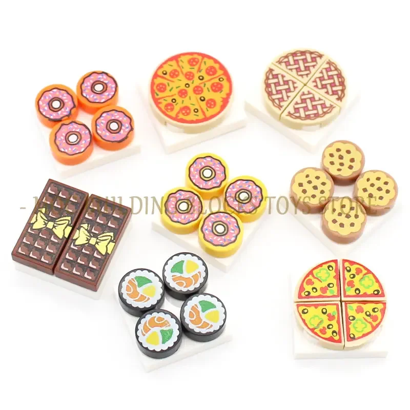 MOC Mini Food Tile Printing Cutlery Fruit Drinks Sushi Burgers Pizza Chips Cakes Desserts Chocolate Cookies Croissants Toy Parts