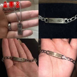 Auxauxme Custom Laser Engrave Eye Necklace Bracelet Set for Women Men Stainless Steel Personalized Name Date Logo Chain Pendant