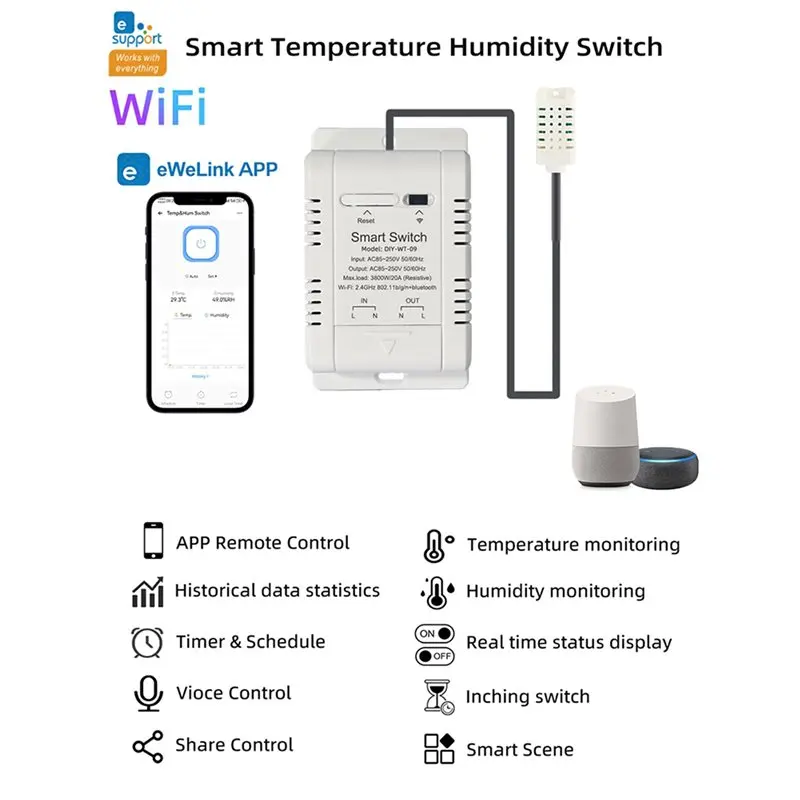 ABKQ-2X Wifi Temperature And Humidity Switch With 1M Sensor Ewelink 20A Temperature Humidity Switch Supports Voice Control
