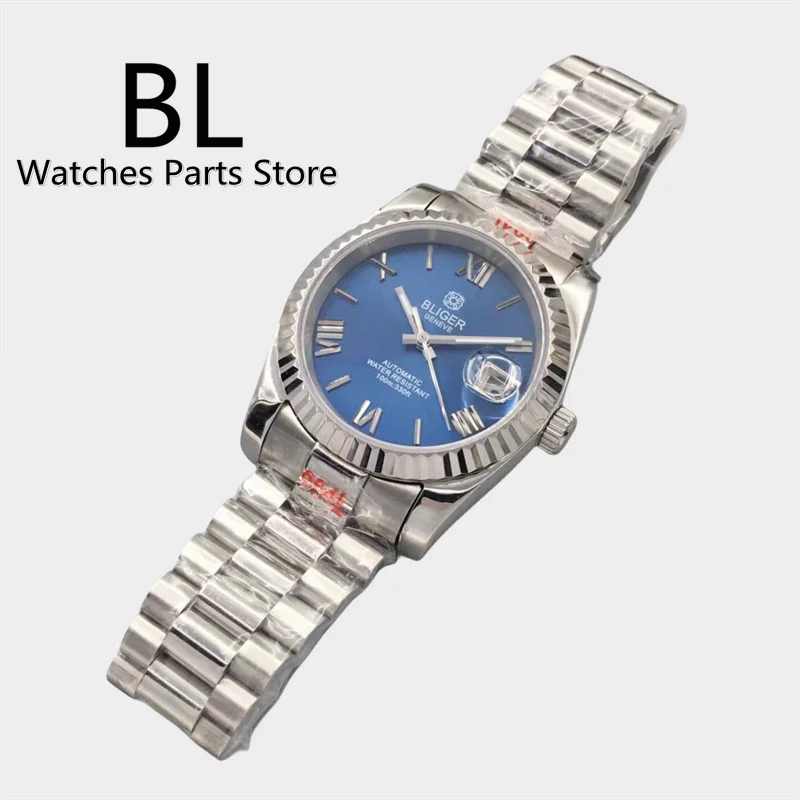 BLIGER-Montre automatique pour homme, placage NH35, mouvement zhu ata yota PT5000, lunette cannelée, saphir, verre, cadran bleu, Oyster Jubys, 36mm,