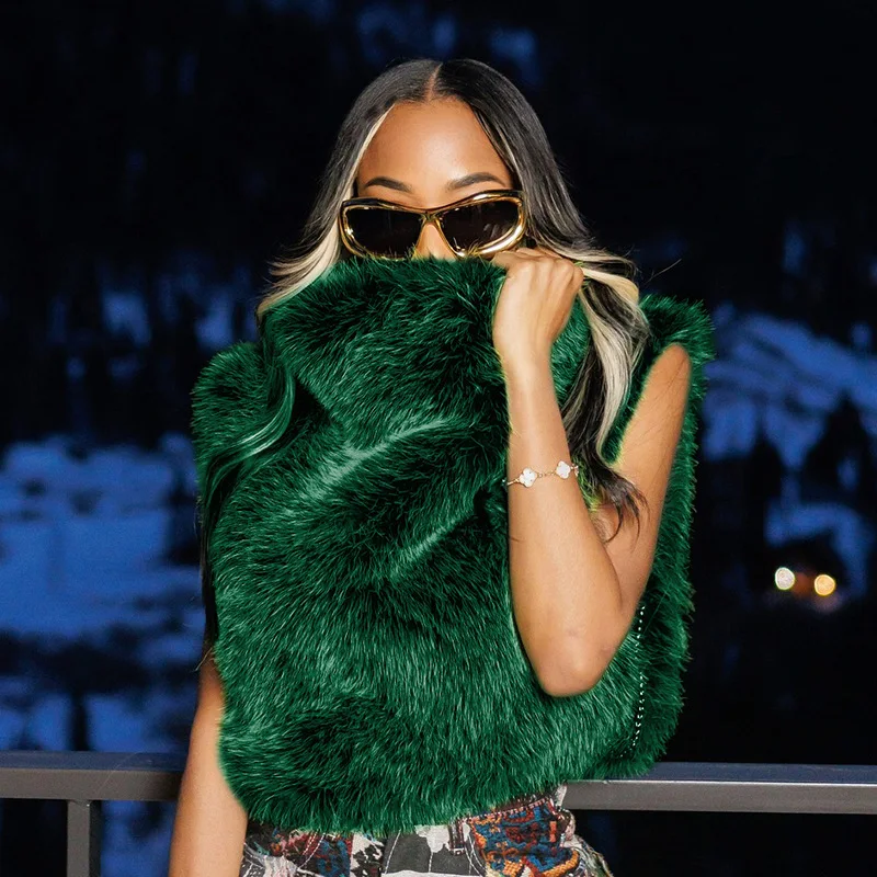 Doyerl Turtleneck Furry Winter Vest for Woman Tops Y2K Sleeveless Side Split Furs Hipster Clubwear Vest Gilet Fourrure Femme