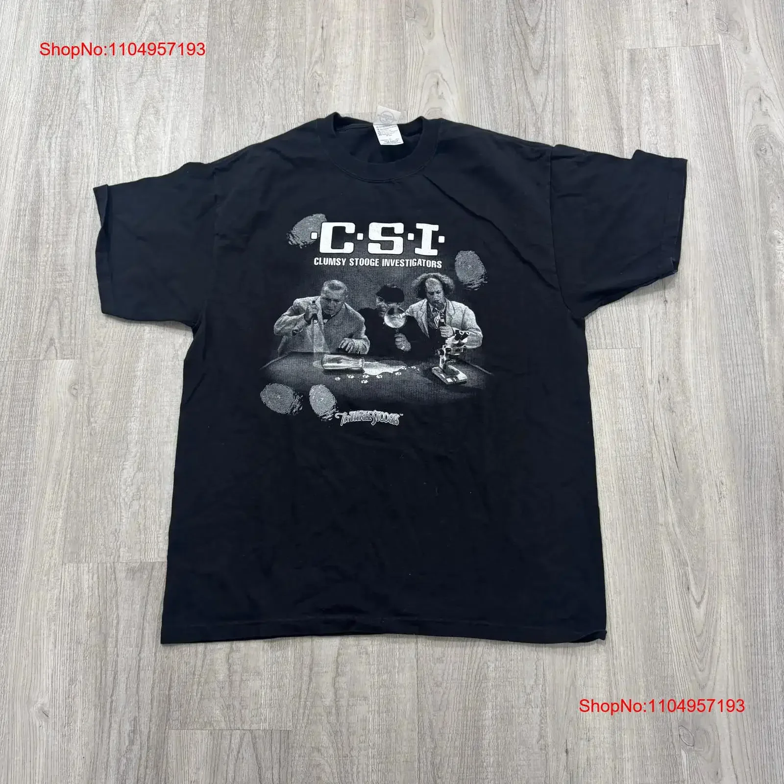 Vintage Three Stooges CSI Clumsy Stooge Investigators T Shirt Mens Large Black y2k vintage Washed Top For Everyday Wear graphic