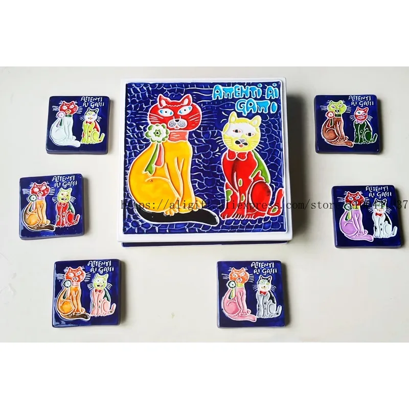 رسمت باليد الإيطالية الإبداعية زوجين القط الزخرفية الجدار قلادة السيراميك الجدار الديكور هدية لوحة #5