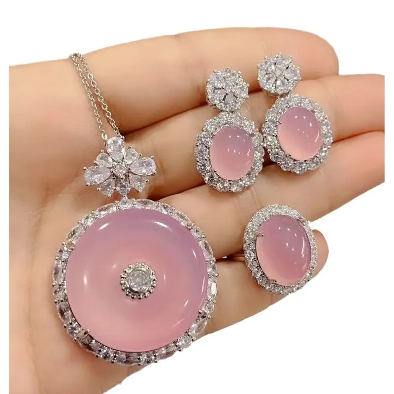 Silver plated inlaid ice green chalcedony safety buckle pendant, agate earrings ring, jade three piece set, temperament gift view 4