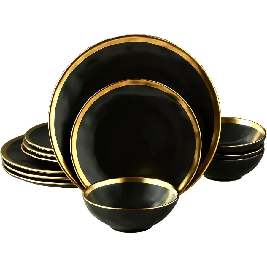 

Black Luxury Plates and Bowls Sets 12 Piece Porcelain Dinnerware Sets Service for 4 Modern Dinner Plates Set Gold Rim Dish Set