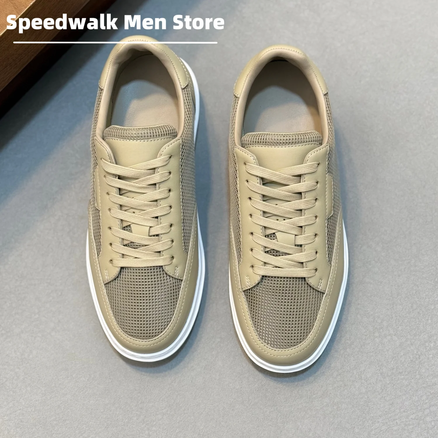 Men Mesh Leather Splicing Platform Sneakers Breathable Lace Up Anti Slip Thick Sole Business Casual Daily Skate Shoes