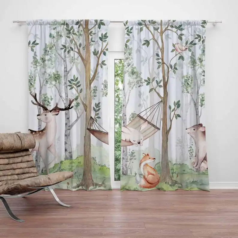 Woodland Animals Curtains Kids Bedroom Curtains Playroom Black Nursery Decor Baby Room Curtains Bedroom Living Room Curtain