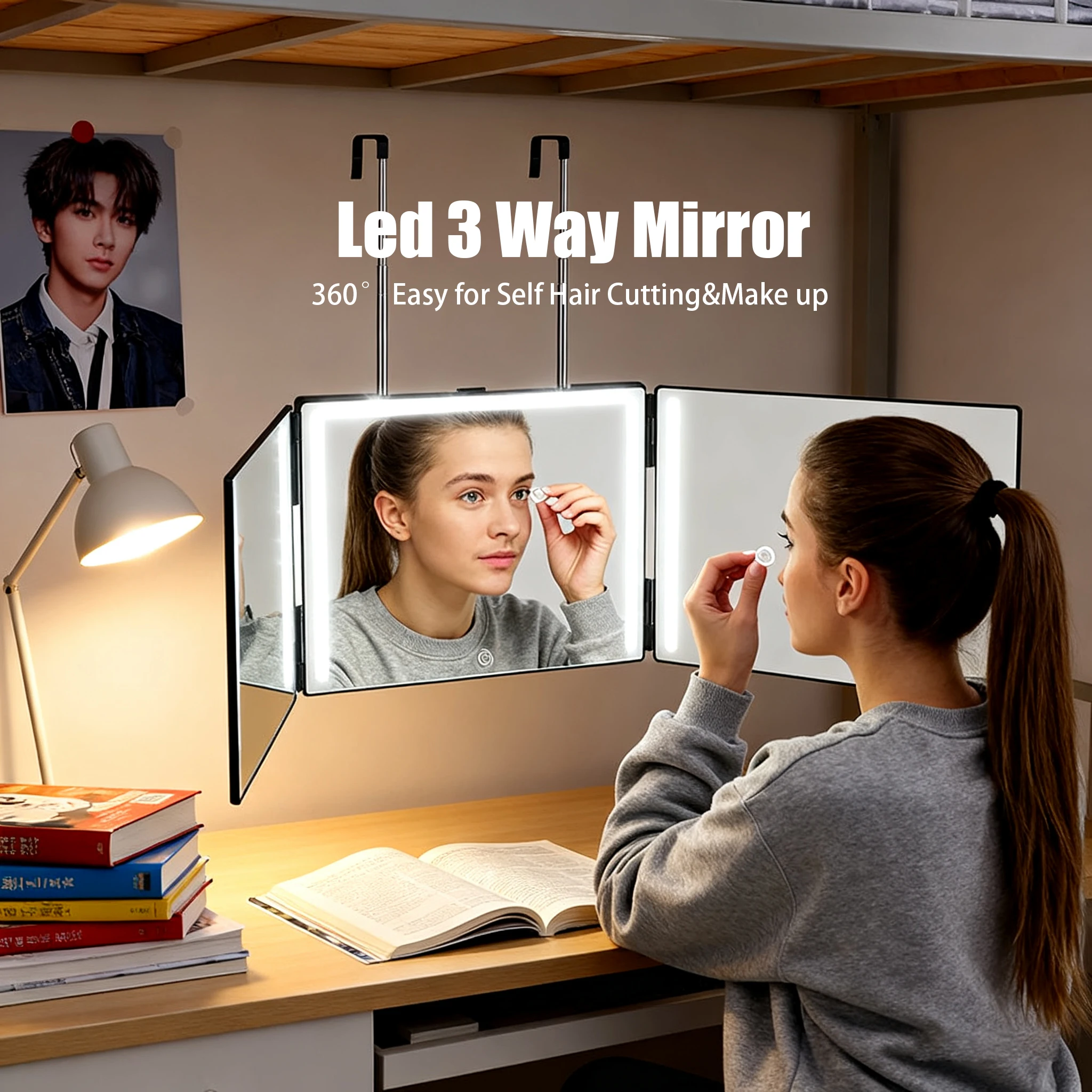 مرآة مكياج صغيرة 3 طرق - 360 درجة °   مرآة ذاتية لقص الشعر مع تعديل سطوع LED للحلاقة وتصفيف الشعر